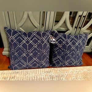 2 Navy Blue with Silver Design Pillows